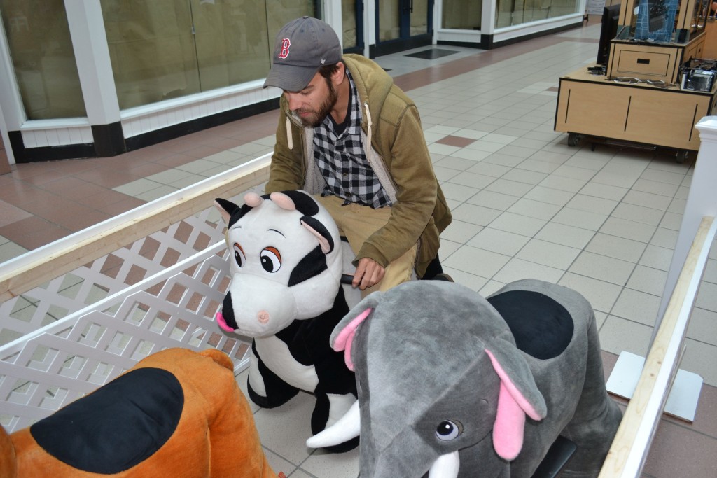 Jon took the cow at Animal Rides in Steeplegate Mall for a spin last week.