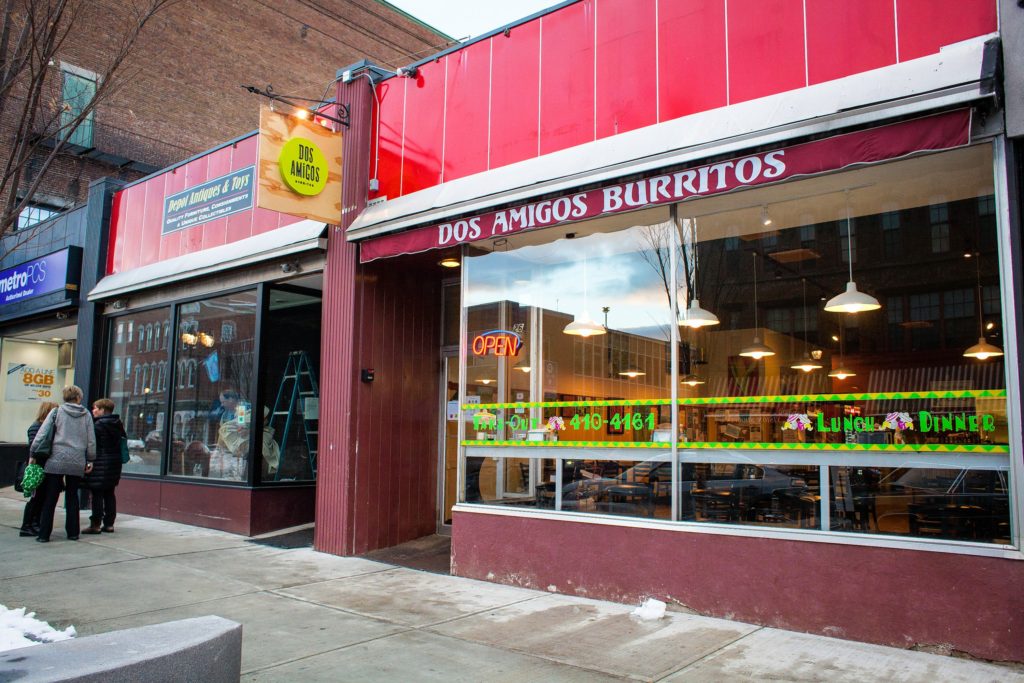 The Dos Amigos Burritos restaurant in downtown Concord is seen next to a former antique store on Thursday, Jan. 19, 2017. The restaurant is expanding into the empty store and will be closed from February 1-22 to make the renovations. (ELIZABETH FRANTZ / Monitor staff)