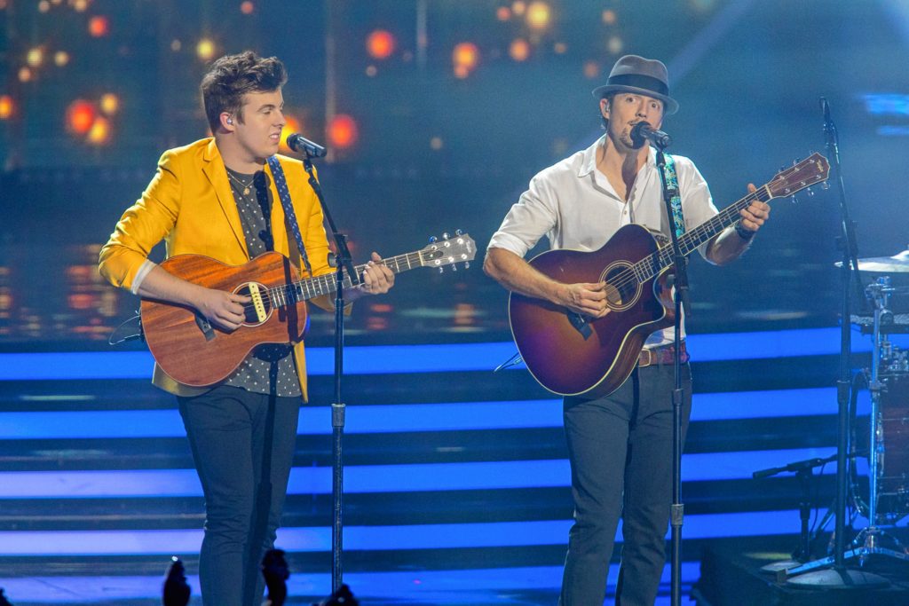 Mont Vernon native Alex Preston (left) and Jason Mraz perform on stage at the “American Idol XIII” finale at the Nokia Theatre at L.A. Live  in Los Angeles in 2014.