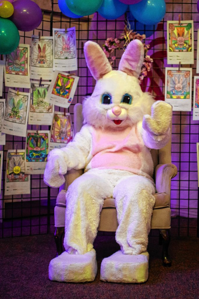 The Easter bunny waves to visitors during Eggstravaganza at the Bektash Shrine Center in Concord on Friday, April 7, 2017. The event continues on Saturday and Sunday. (ELIZABETH FRANTZ / Monitor staff)