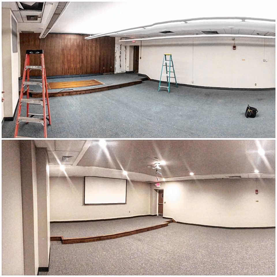 Here’s a before-and-after view of the auditorium of the Concord Public Library. Look how much brighter it looks now.