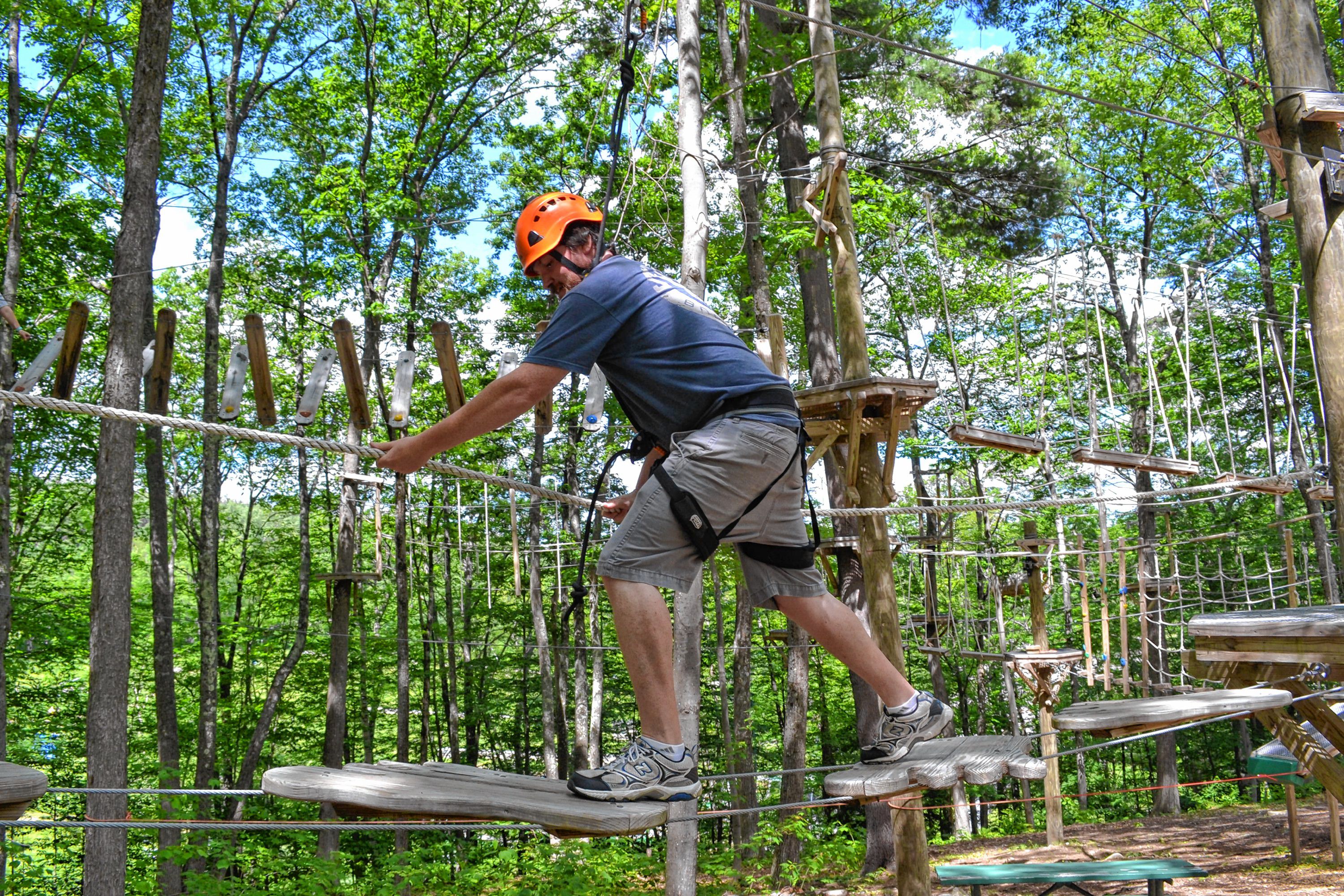Tim took a spin around the aerial challenge course at Mount Sunapee's