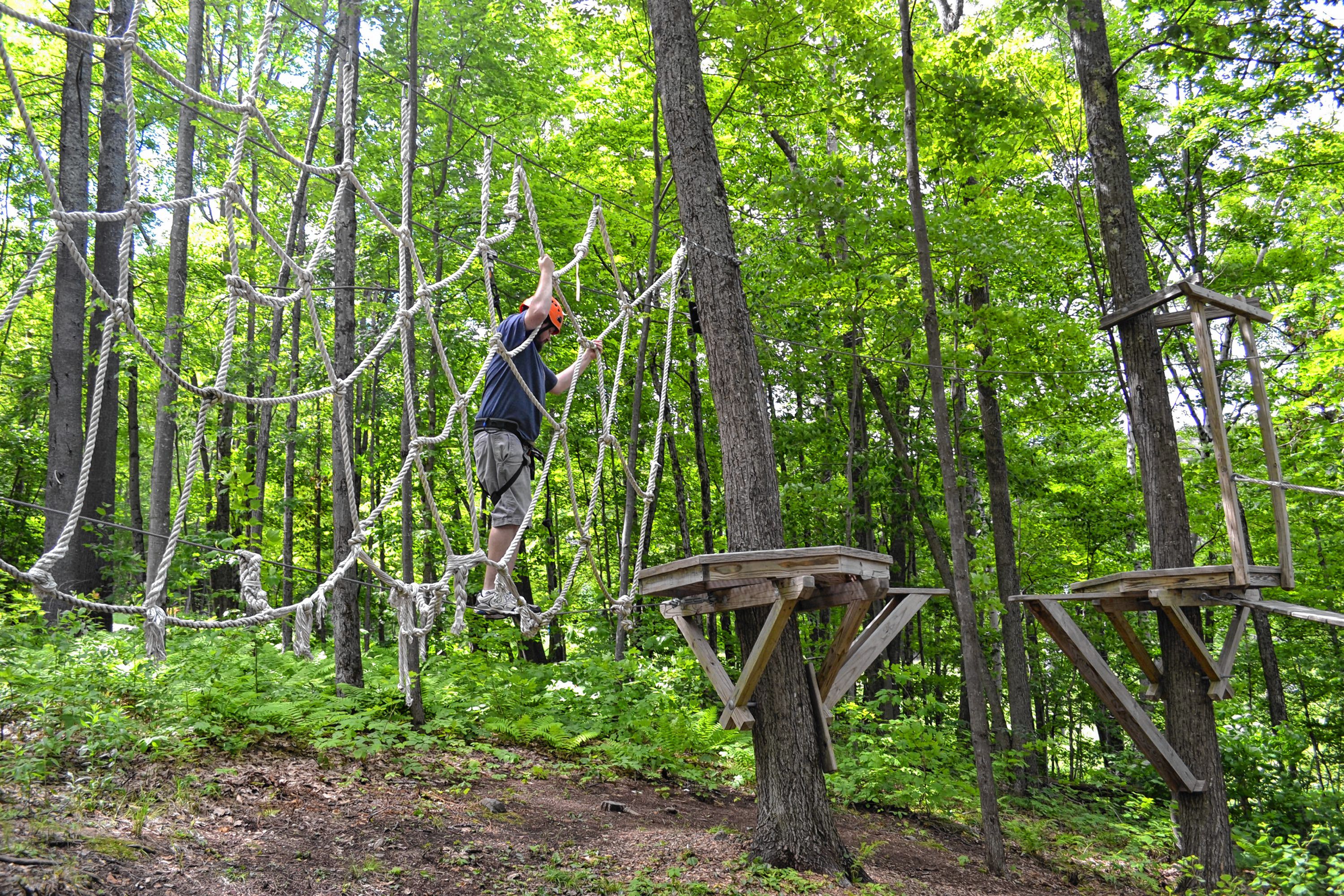 Tim took a spin around the aerial challenge course at Mount Sunapee's