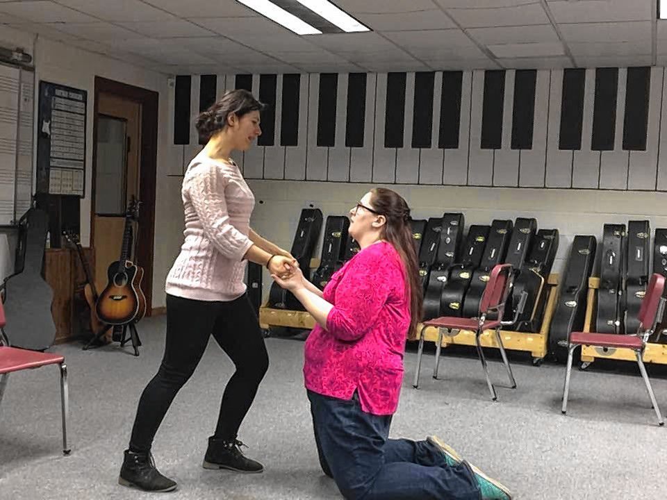 Alina Abraham (left) and Cassandra Miller work through a scenario during a Laughta in New Hampsha improv class. The duo will be on the Hatbox Theatre stage with six others this Friday. Courtesy