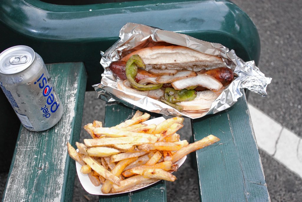 A hot sausage sub with peppers and onions with a side of fries from the Gelinas food truck at Market Days. JON BODELL / Insider staff