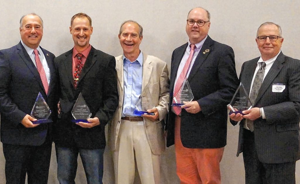 The Greater Concord Chamber of Commerce held its 2017 Pinnacle Awards luncheon recently. From left: James P. Bouley, Mayor of Concord (Business Leader of the Year);  Tim Schaaff, project superintendent, Severino Trucking Company, Inc. (Outstanding Performance); Tom Arnold, owner, Arnie’s Place (Small Business of the Year); Marc McMurphy, executive director, White Birch Center (Nonprofit Business of the Year); and Philip Emma, president, Merrimack County Savings Bank (Business of the Year). Courtesy