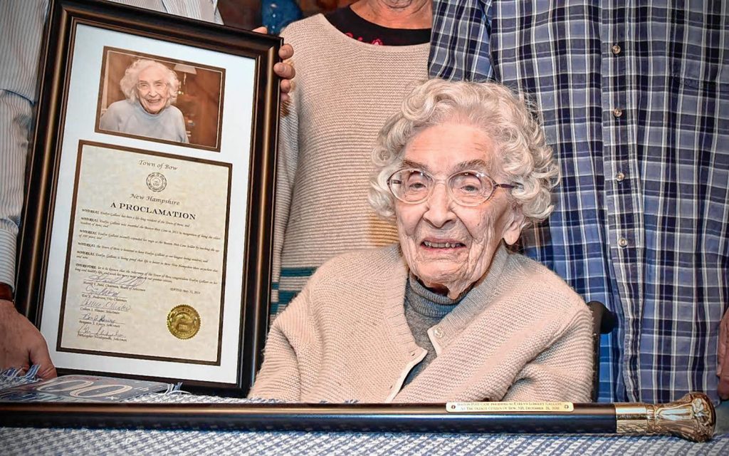 Evelyn Gallant held the Bow Boston Post Cane for nearly six years before her passing in March. The town is now seeking nominations for the oldest living citizen to be awarded the Boston Post Cane. Courtesy of Eric Anderson