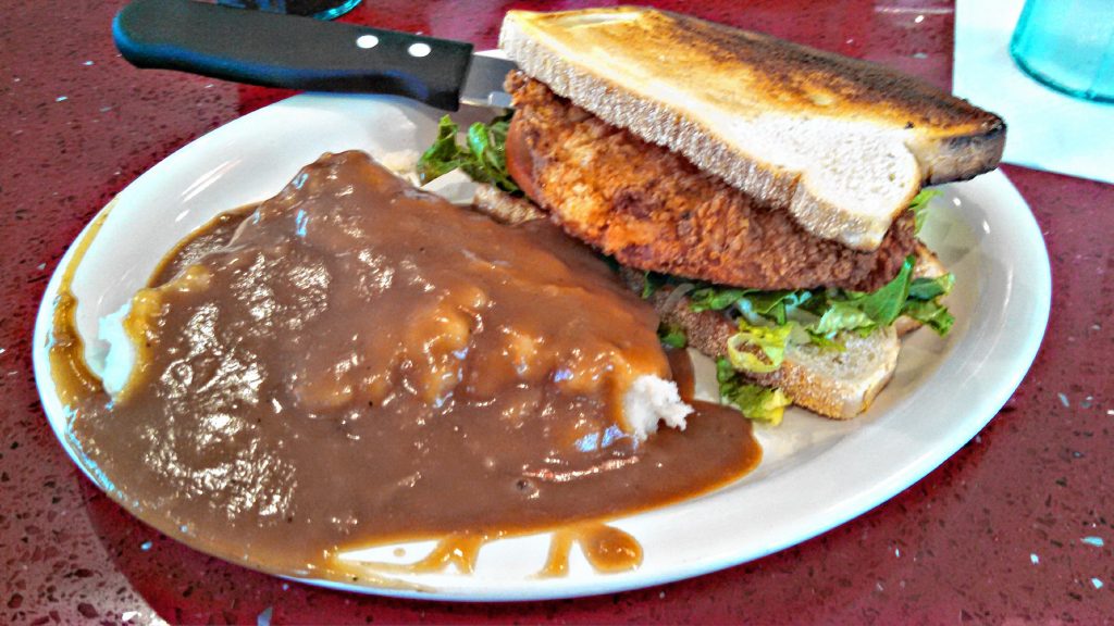 We ordered a spicy chicken sandwich with mashed potatoes and gravy from Red Arrow Diner. THE FOOD SNOB / Insider staff