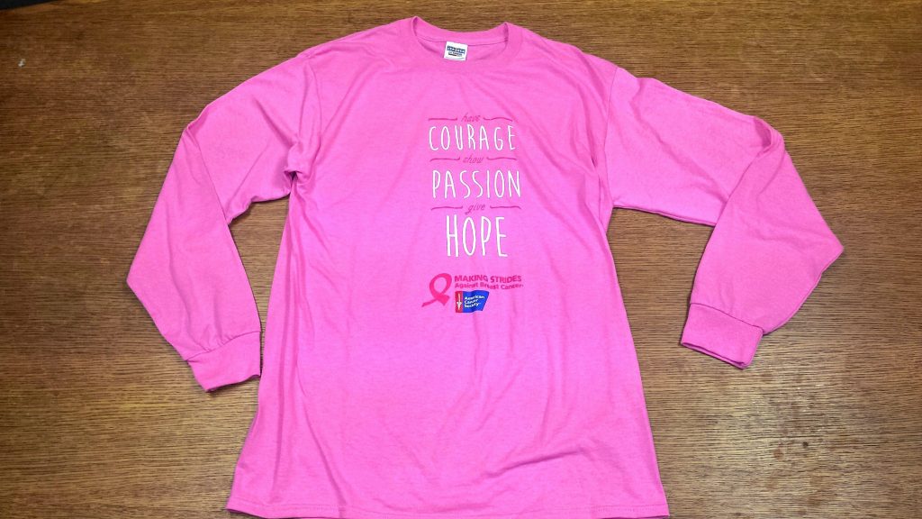 Raise $100 for Making Strides Against Breast Cancer of Concord and you can get one of these very pink longsleeve shirts. TIM GOODWIN / Insider staff