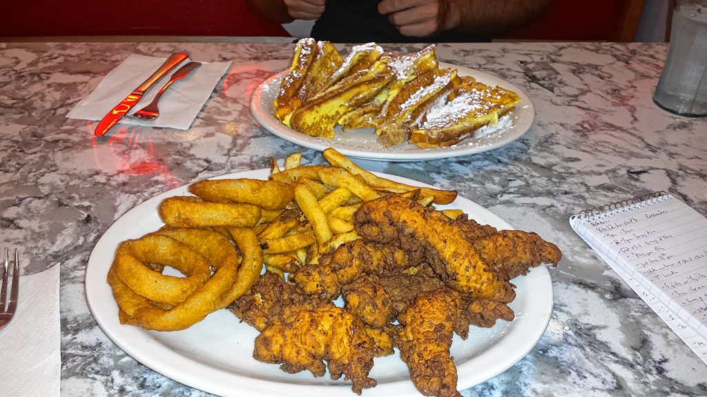 We stopped at Red Arrow Diner about 11 p.m. during our night out and ordered a plate of chicken fingers and fries and Nutella and Fluff-filled French toast. Both hit the spot perfectly at the end of a long night. TIM GOODWIN / Insider staff