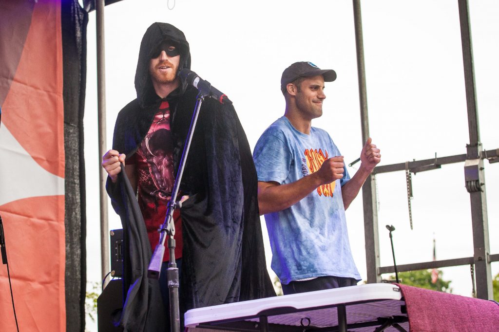 Matt Bonner (left) as DJ Red Mamba and Luke Bonner took the stage during the DJ Red Mamba Family Fun Dance Party of Rock On Fest at White Park in Concord on Aug. 13, 2016. (ELIZABETH FRANTZ / Monitor staff) Elizabeth Frantz