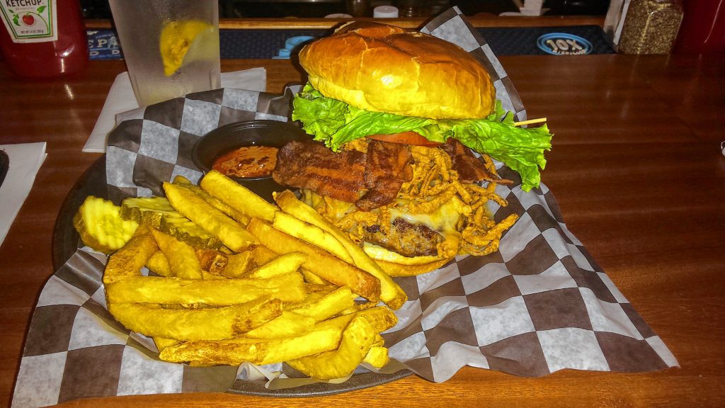 The Alan's Signature Burger with cheese, bacon, fried onion strings and chipolte aoli from Alan's of Boscawen. Tim Goodwin / Insider staff