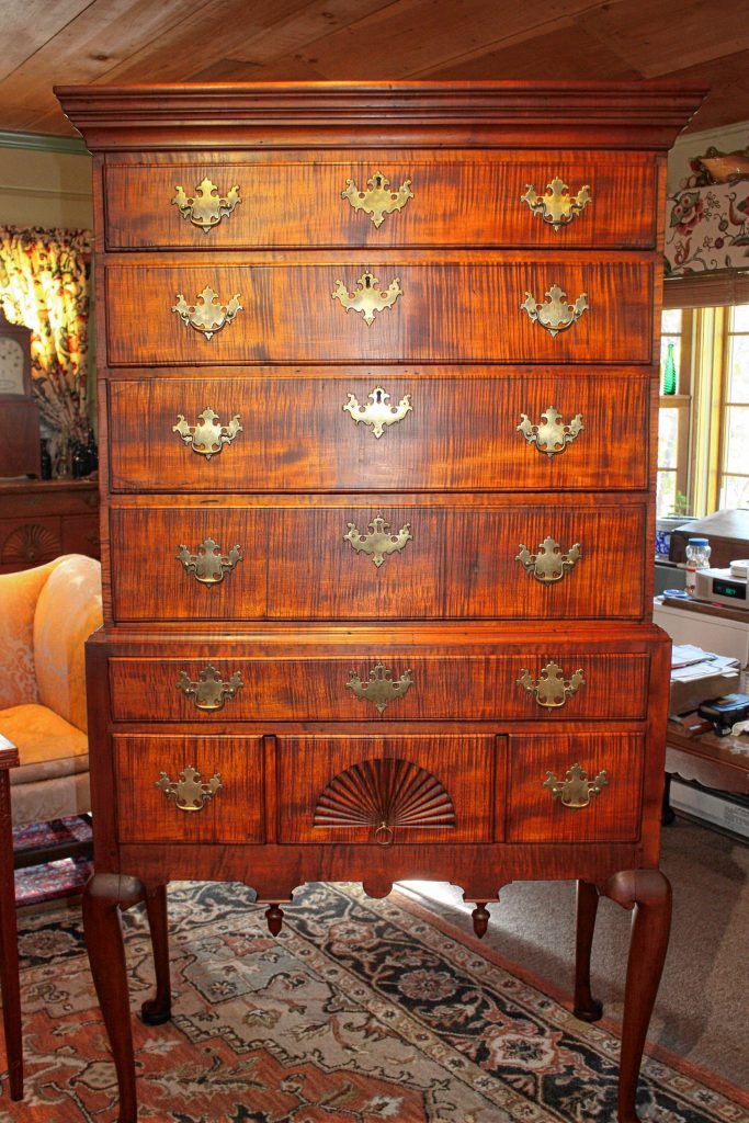 This high-boy chest available from Gary F. Yeaton Antiques was made in New Hampshire around 1780. It features the somewhat rare curly maple, or tiger maple, and is worth about $8,500. JON BODELL / Insider staff