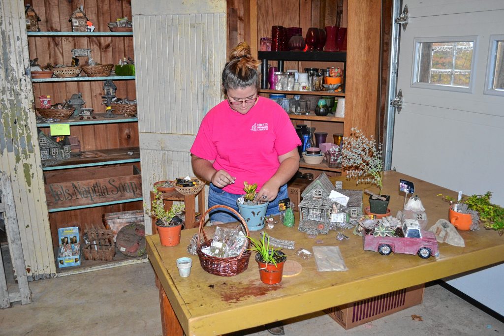 Kelsey Lorden puts the finishing touches on a fairy garden at Roberts Greenhouse. TIM GOODWIN / Insider staff