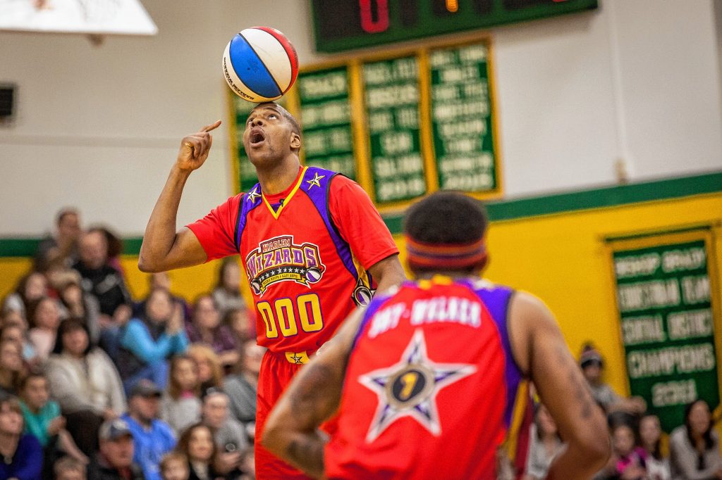 The Harlem Wizards took on Team Heart during a benefit basketball game at Bishop Brady High School on Wednesday, Jan. 25, 2017. The event raised money for the American Stroke Association through Tedyâs Team, a group of Boston Marathon runners organized by stroke survivor and former New England Patriots linebacker Tedy Bruschi. Bruschi attended the event at Team Heartâs honorary coach. (ELIZABETH FRANTZ / Monitor staff) Elizabeth Frantz