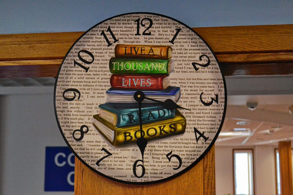 A clock is one thing required to finish the library's scavenger hunt, and you can find this one between the two rooms. TIM GOODWIN / Insider staff
