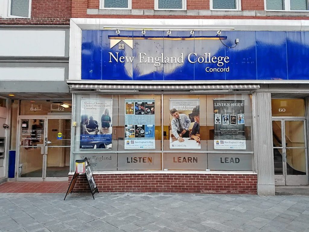 The Concord campus of New England College gets the award for most promotional posters on the windows. JON BODELL / Insider staff