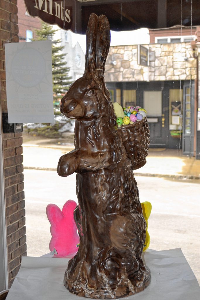 You can enter to win this 36-inch tall, 50-pound, semi-solid chocolate bunny from Granite State Candy Shoppe – for free. TIM GOODWIN / Insider staff