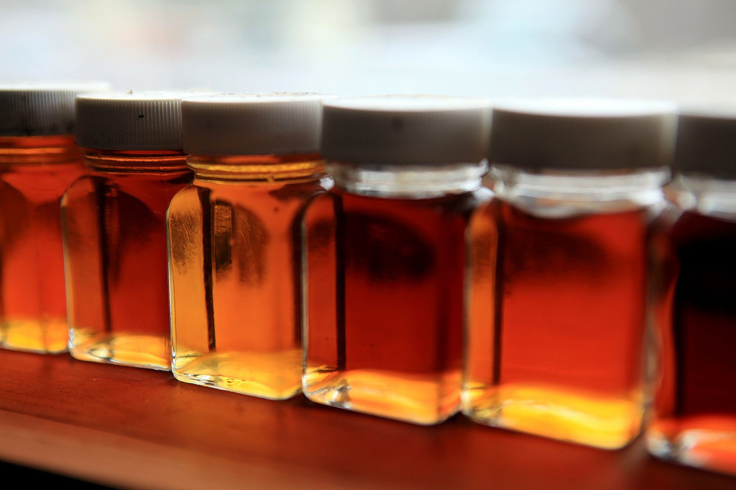 Different colors of maple syrup sit on the windowsill at Maple Ridge ...
