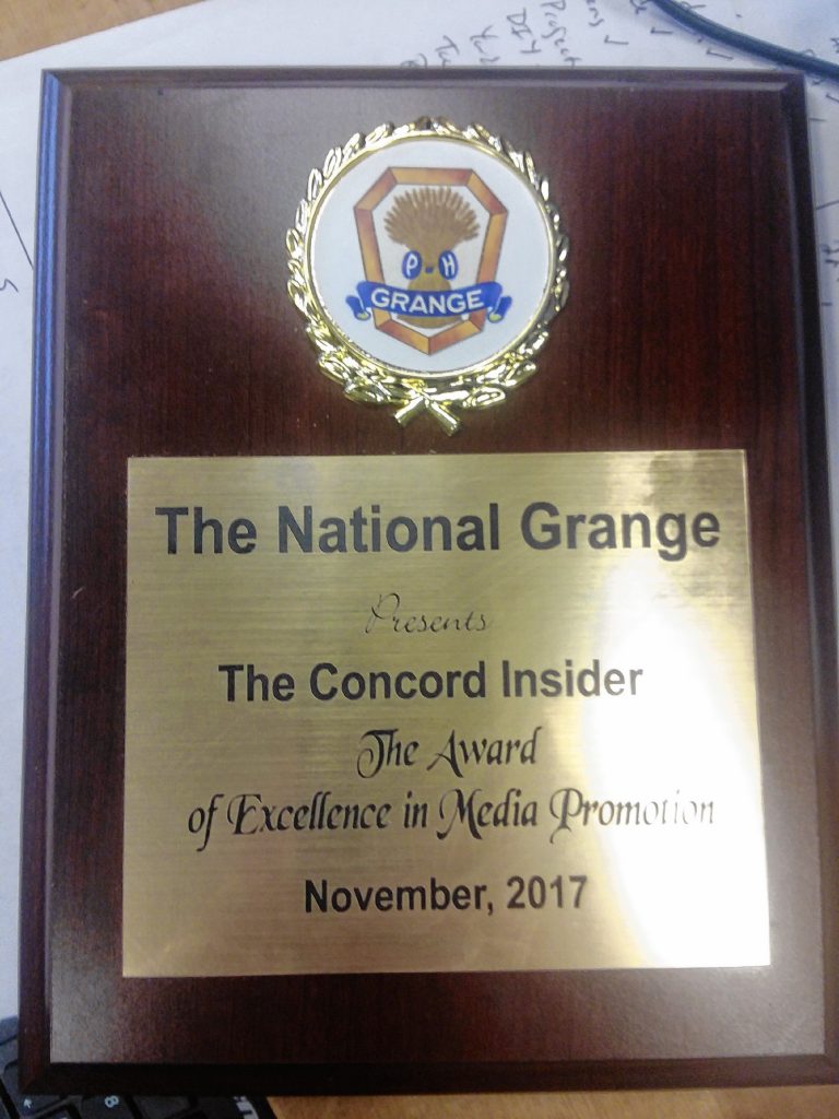 Our shiny new plaque from the Concord Grange awards night. TIM GOODWIN / Insider staff