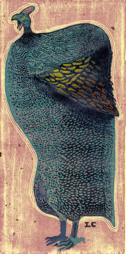 Guinea Hen, woodblock print, Lyell Castonguay 