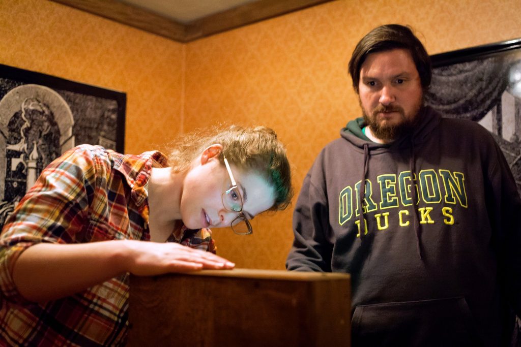 A Concord Insider/Monitor team, including Caitlin Andrews (left) and Tim Goodwin, tackles The Enigma at the Escape Room in Concord on Wednesday, April 25, 2018. (ELIZABETH FRANTZ / Monitor staff) Elizabeth Frantz
