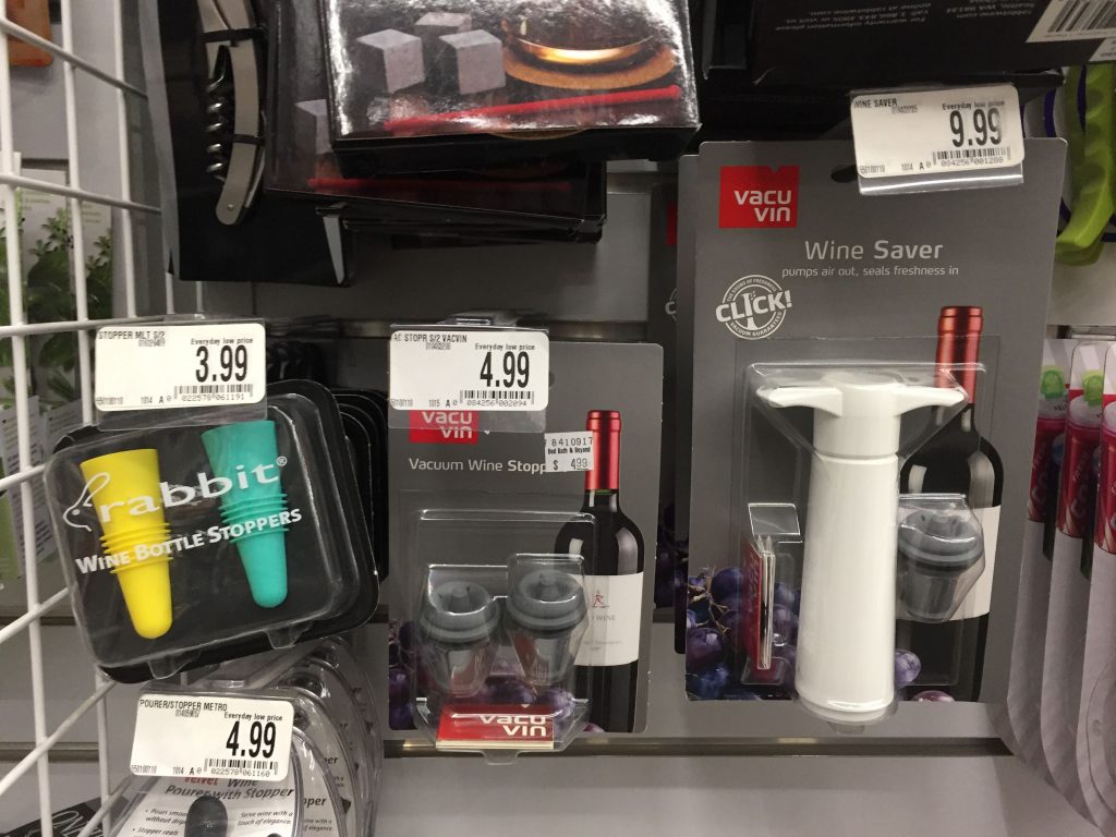 From left: Rabbit Wine Bottle Stoppers, $3.99; VacuVin Vaccuum Wine Stopper, $4.99; and a VacuVin Vaccuum Wine Saver, to pump out air and seal freshness, $9.99.
