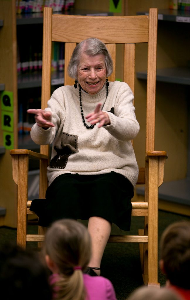 Clara Brogan, 92, spins a story to the second graders at Christa McAullife School in Concord Wednesday. Brogan comes in every other Thursday to do her storytelling at the school.  (GEOFF FORESTER / Monitor staff) GEOFF FORESTER