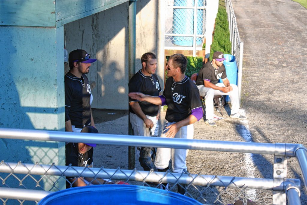 New Hampshire Wild center fielder Cody Den Beste explains some of the finer points of hitting to his teammates in the dugout at Memorial Field last Wednesday. JON BODELL / Insider staff