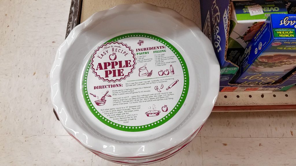 This handy-dandy pie plate comes with ingredients and instructions for making an apple pie right on the bottom of it. That's not a sticker -- the recipe is printed right on the pie plate, so you'll never lose it. This is actually pretty cool. JON BODELL / Insider staff