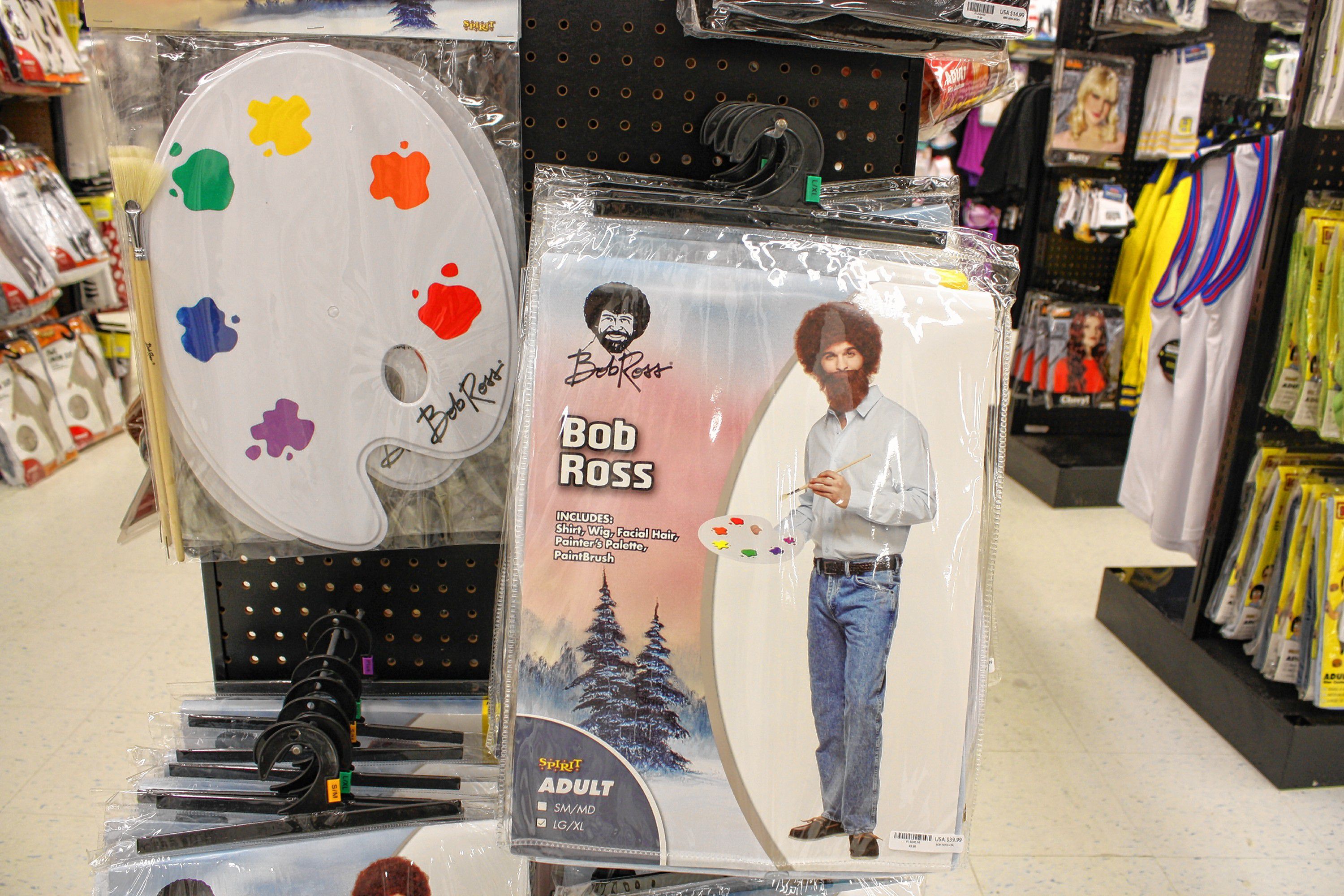 Perhaps the best throwback/obscure reference costume in stock at Spirit Halloween was this Bob Ross kit. You can get the outfit and wig in one package and the essential palette accessory separately.  JON BODELL / Insider staff