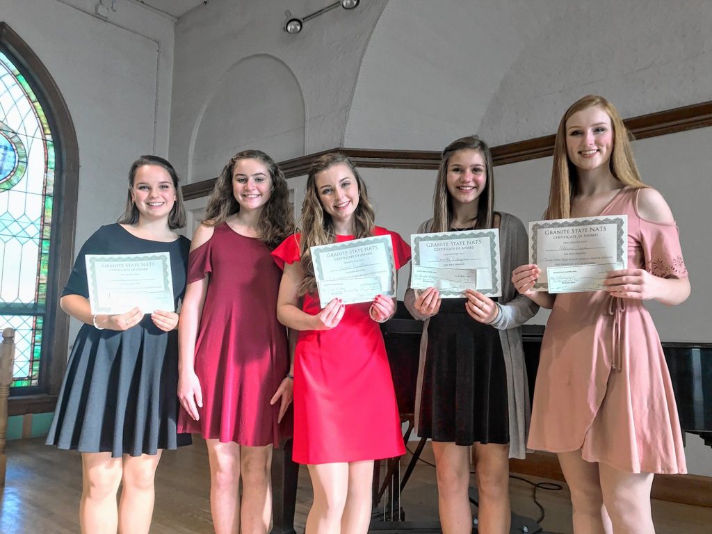 From left: Maya Fabozzi, Mackenzie McCarthy, Rachel Revellese, Danielle Roberge and Allison Leger, all Concord Community Music School voice students, received top honors in the recent N.H. State NATS Auditions. Courtesy of Diane Ricciardelli