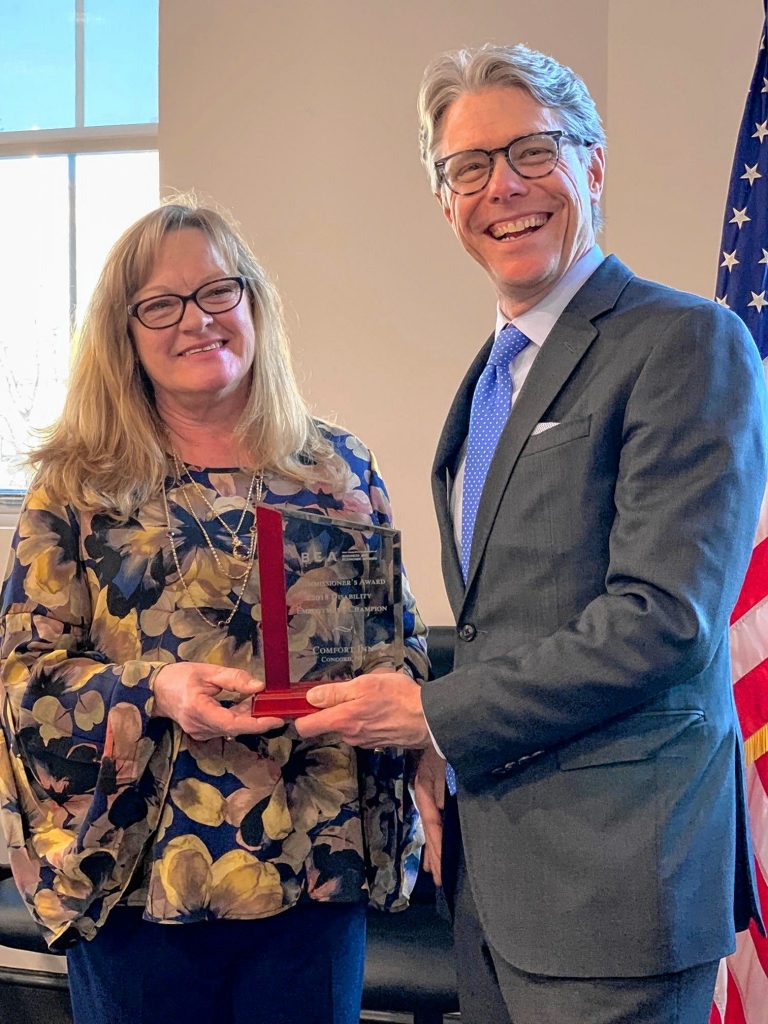 Joyce McCabe, general manager of Comfort Inn in Concord, accepts the Commissioner's Award for being the 2018 Disability Employment Champion by the Department of Business and Economic Affairs recently. Courtesy of Kate Fleming / Duprey Hospitality