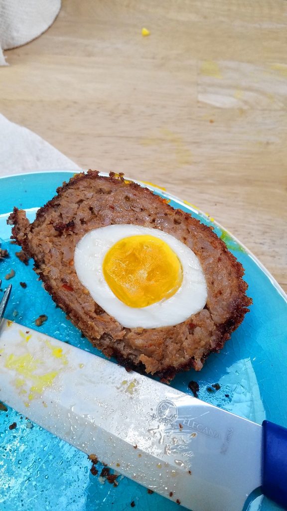 These Scotch eggs, made by yours truly, are the inspiration for my deep-fried cheddar-stuffed spicy sausage nuggets. The spicy nuggets are just Scotch eggs only instead of the soft-boiled egg in the middle, you put a hunk of cheddar.  JON BODELL / Insider staff