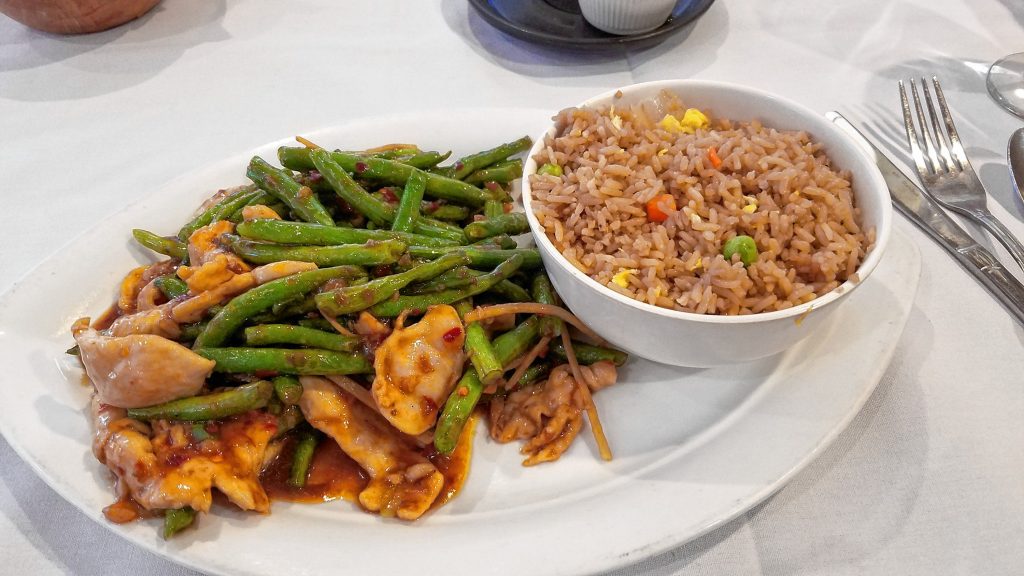 Ginger chicken with string beans and vegetable fried rice from Chen Yang Li in Bow. THE FOOD SNOB / Insider staff