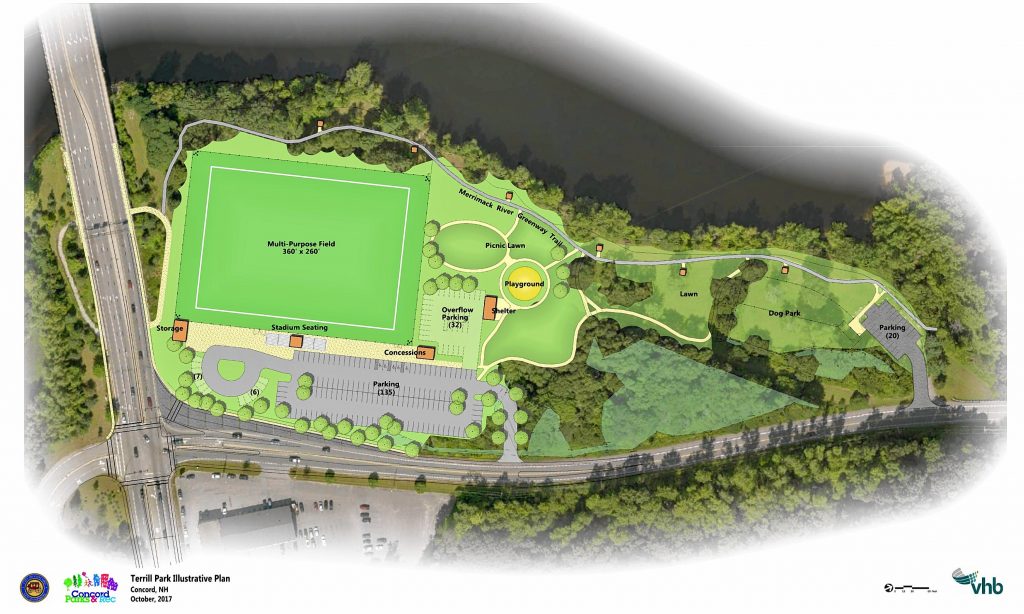 A rendering of a proposed updated Terrill Park, featuring what would be the city's first and only outdoor artificial turf field. Courtesy of the city of Concord