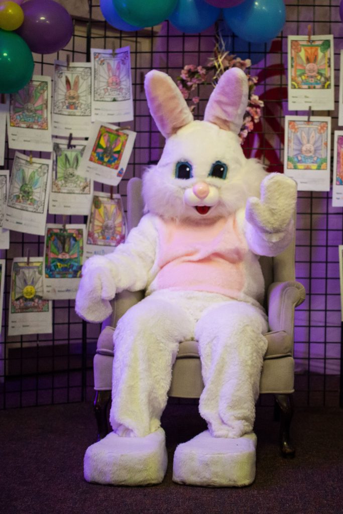 The Easter bunny waves to visitors during Eggstravaganza at the Bektash Shrine Center in Concord on Friday, April 7, 2017. The event continues on Saturday and Sunday. (ELIZABETH FRANTZ / Monitor staff) Elizabeth Frantz