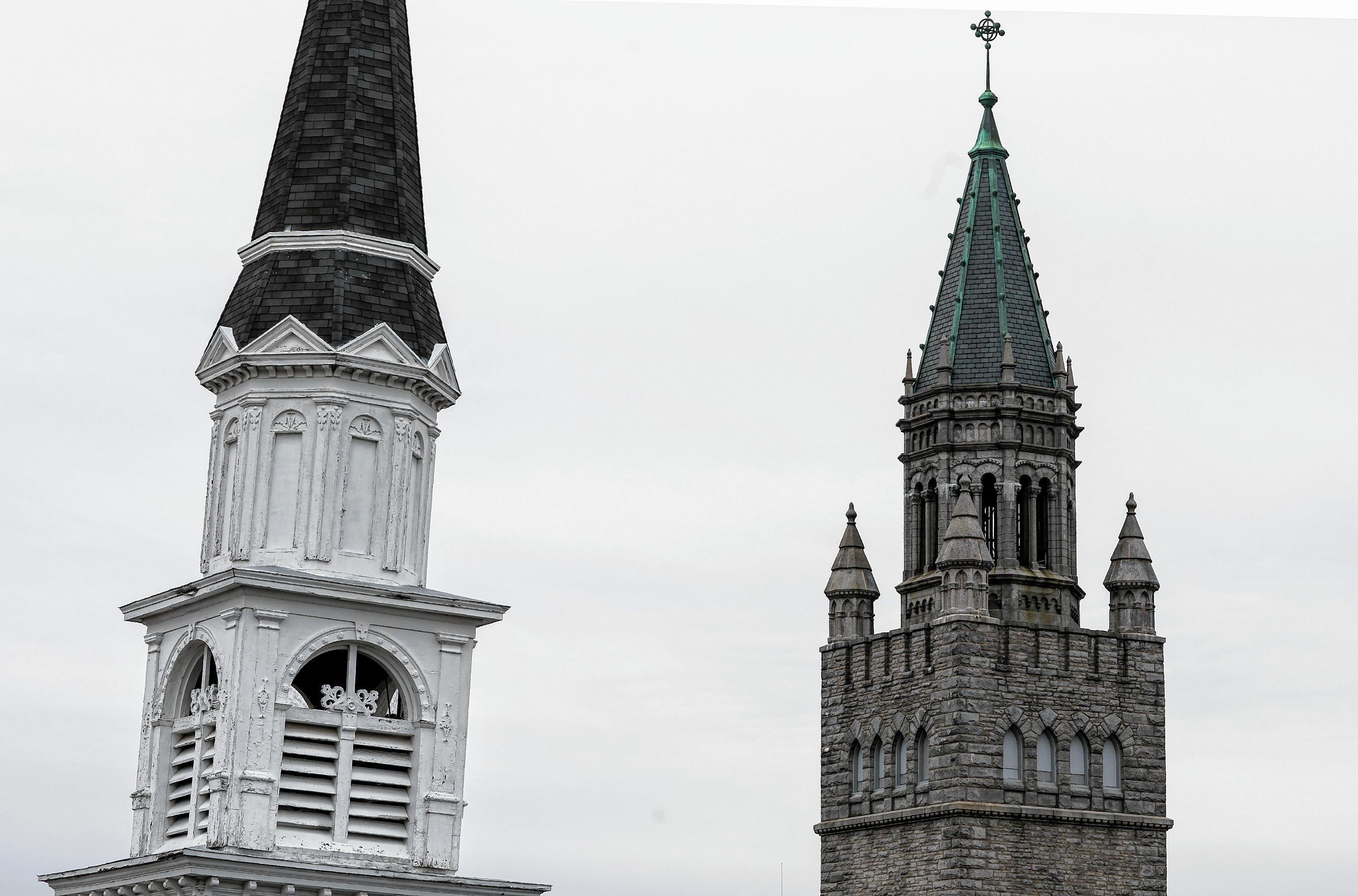 The steeples from Centerpoint Baptist Church (left) and The First Church of Christ, Scientist in downtown Concord.