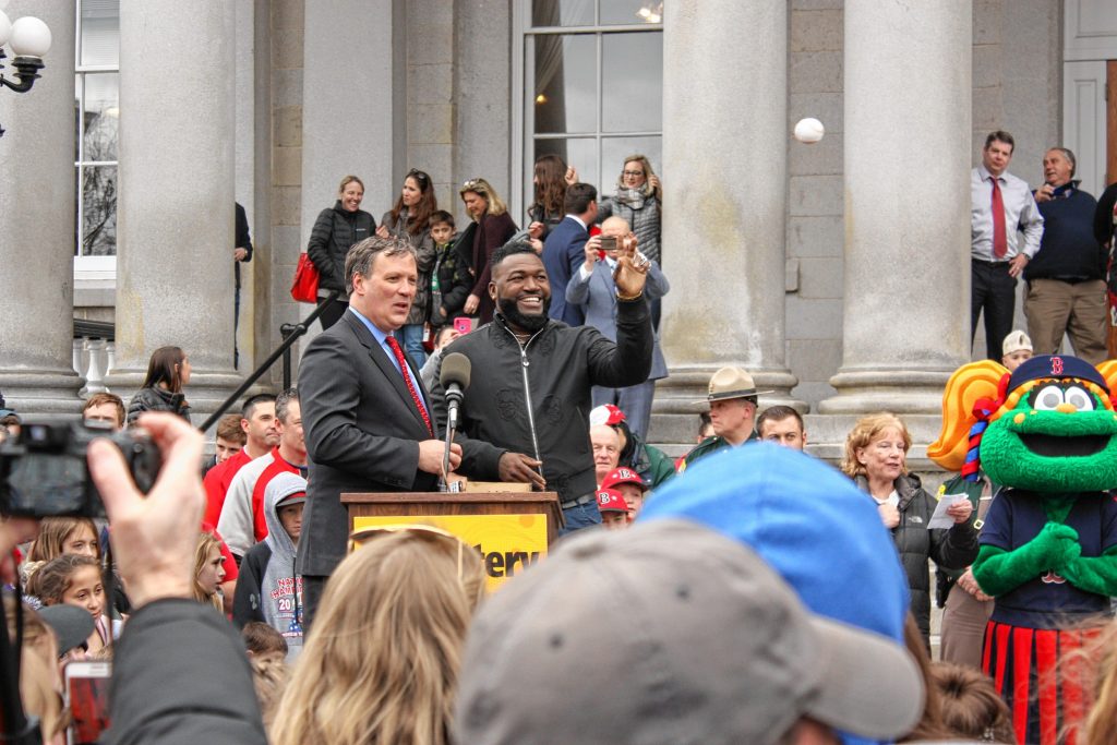 After making a quick speech about how the New Hampshire Lottery has sent more than $2 billion to education over the years, David Ortiz tossed some foam baseballs into the crowd, some of which were reportedly signed by the hitting legend himself.  JON BODELL / Insider staff