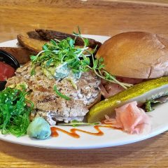 We tried a tuna burger and a Great North Tie Dyed at Onions Pub in Tilton