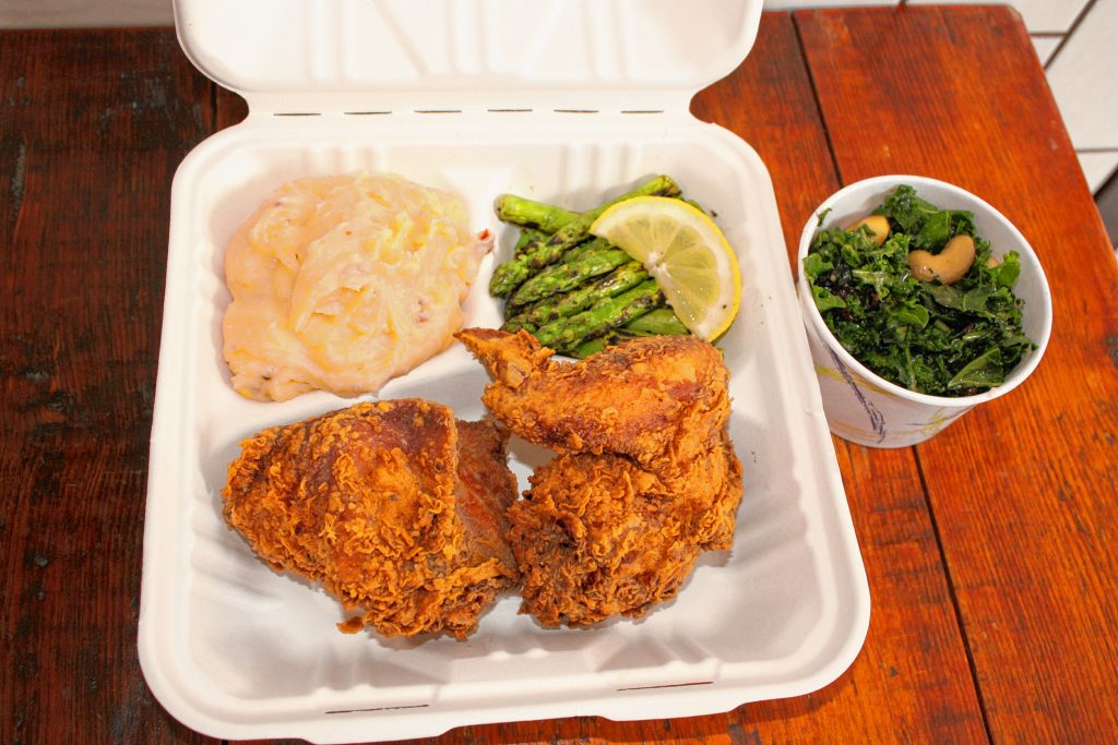 Fried chicken with chipotle mashed potatoes, grilled asparagus and collared greens from the not-yet-open Georgia's Northside. THE FOOD SNOB / Insider staff