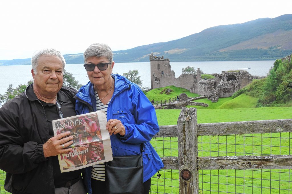 Nick and Mary Jane Wallner of Concord recently spent two weeks in Scotland, Northern Ireland and Ireland where they enjoyed a memorable performance of the Royal Edinburgh Military Tattoo. A boat ride on Loch Ness in Inverness (pictured) unfortunately did not result in a Nessie sighting. Mary Jane serves as a state representative in the N.H. Legislature and Nick recently retired after 45 years with AAA as the Concord Branch Manager. Courtesy of Nick Wallner