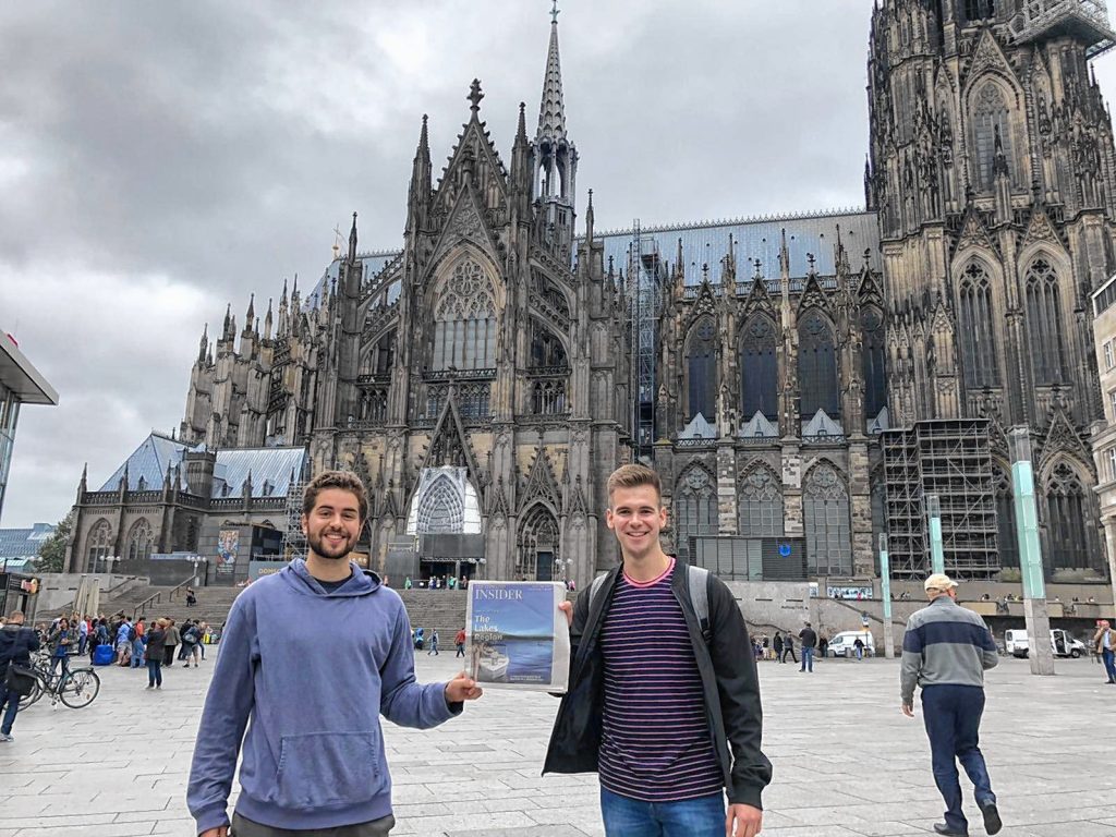 Matthew Bodwell of Concord (left) and Tim Bradley of Bow brought the Insider along on a recent trip to the Cologne Cathedral (Kölner Dom) in Cologne, Germany. Both of them are U.S. Fulbright Scholar awardees, and both will be teaching English at German secondary schools for the 2019-20 academic year as part of their awards. They attended their Fulbright Orientation meeting in Cologne a couple weeks ago, and once they had a break in the action, they took these photos with the Insider in front of the Cologne Cathedral. Thanks for bringing us along, guys, and congratulations on the awards! Courtesy of Matthew Bodwell