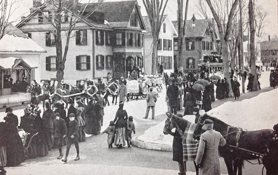 Back in the old days, Concord celebrated its annual Winter Carnival in a most extravagant fashion. It was quite the entertainment and arrived at a time of year when people searched for a distraction from the long winter months. This photograph is a look back at the Winter Carnival Parade on Green Street in the year 1893. The houses you see in background of this scene once occupied the current site of the Concord Library and City Hall. 