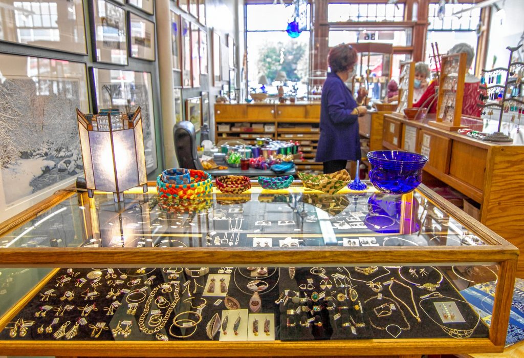 Display cases inside of the League of NH Craftsman located in Downtown Concord on Main Street October 1st, 2020. ALLIE ST PETER