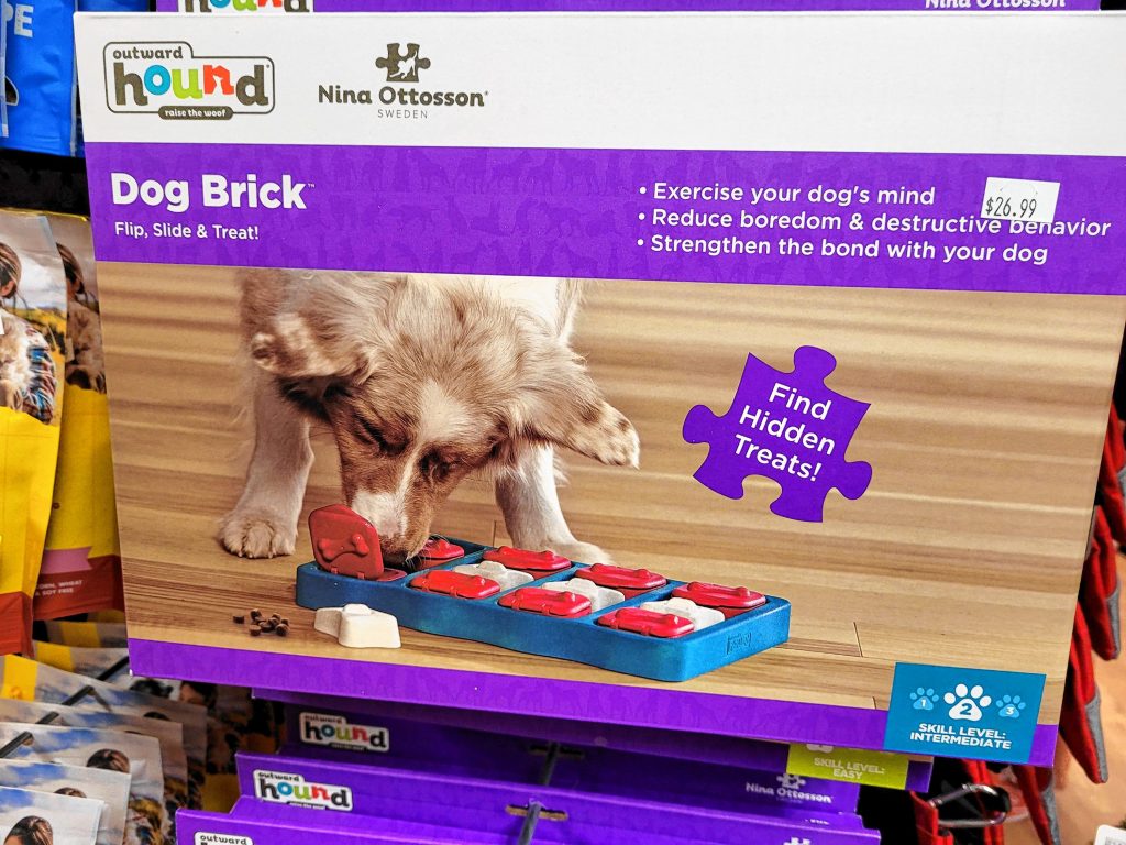 With the colder weather here, some dogs may want to play inside more. Stimulate their mind with a puzzle board that offers a tasty reward. Multiple types available, the Dog Brick is $26.99 Sarah Pearson