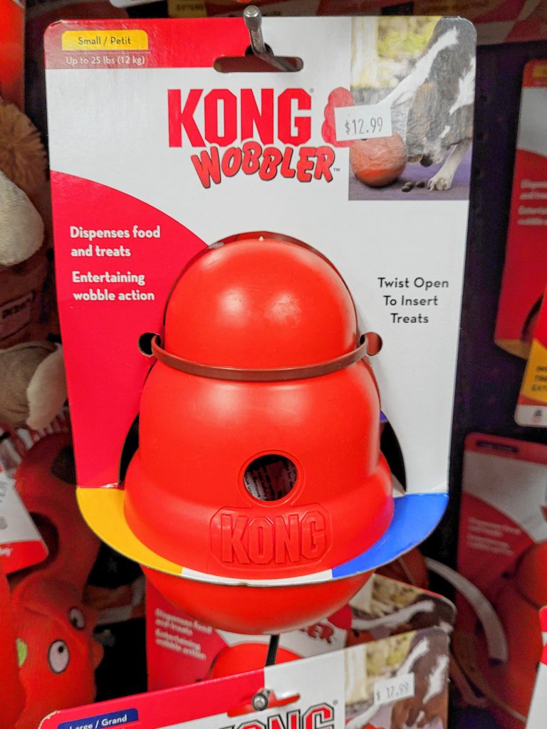 Kong is a favorite brand for many dogs and offers an array of products. The Kong Wobbler comes in two sizes small dog (up to 25 pounds) for $12.99 and large dog ( 25+ pounds) for $16.99.  Sarah Pearson