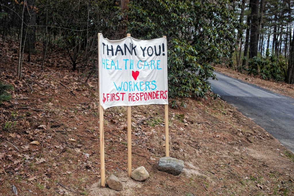 A thank you sign for all the healthcare workers on School Street in Concord on Wednesday, April 8, 2020. 