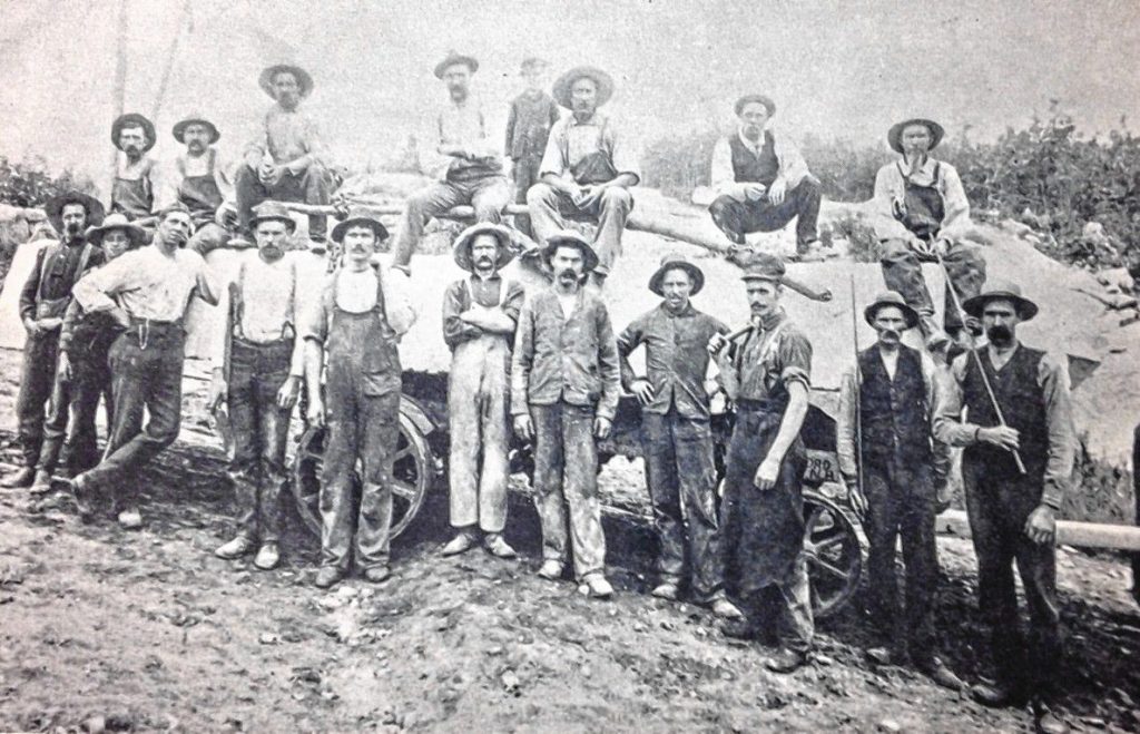 A Rattlesnake Hill Granite Quarry crew is pictured on Rattlesnake Hill in Concord, New Hampshire  during the later nineteenth century 