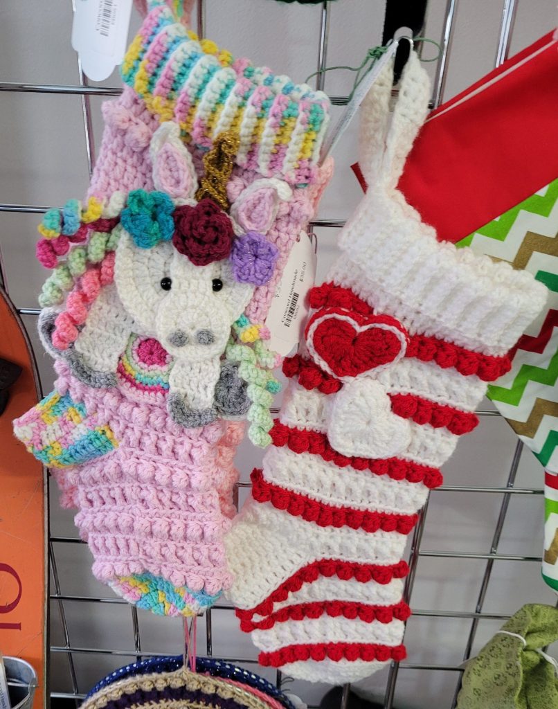 Crocheted stockings by Emilybee available at the Concord Handmade pop-up shop on Warren Street.